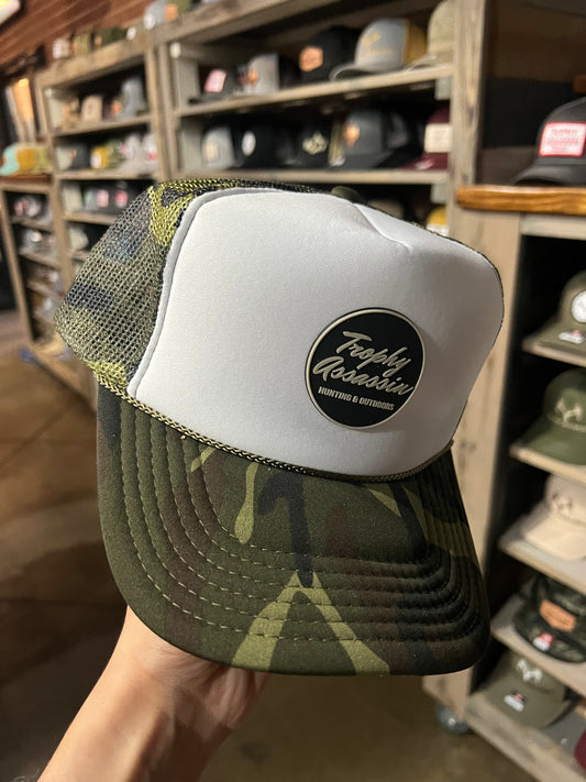 Camo & White Rope Foam Trucker Cap with Cursive Patch